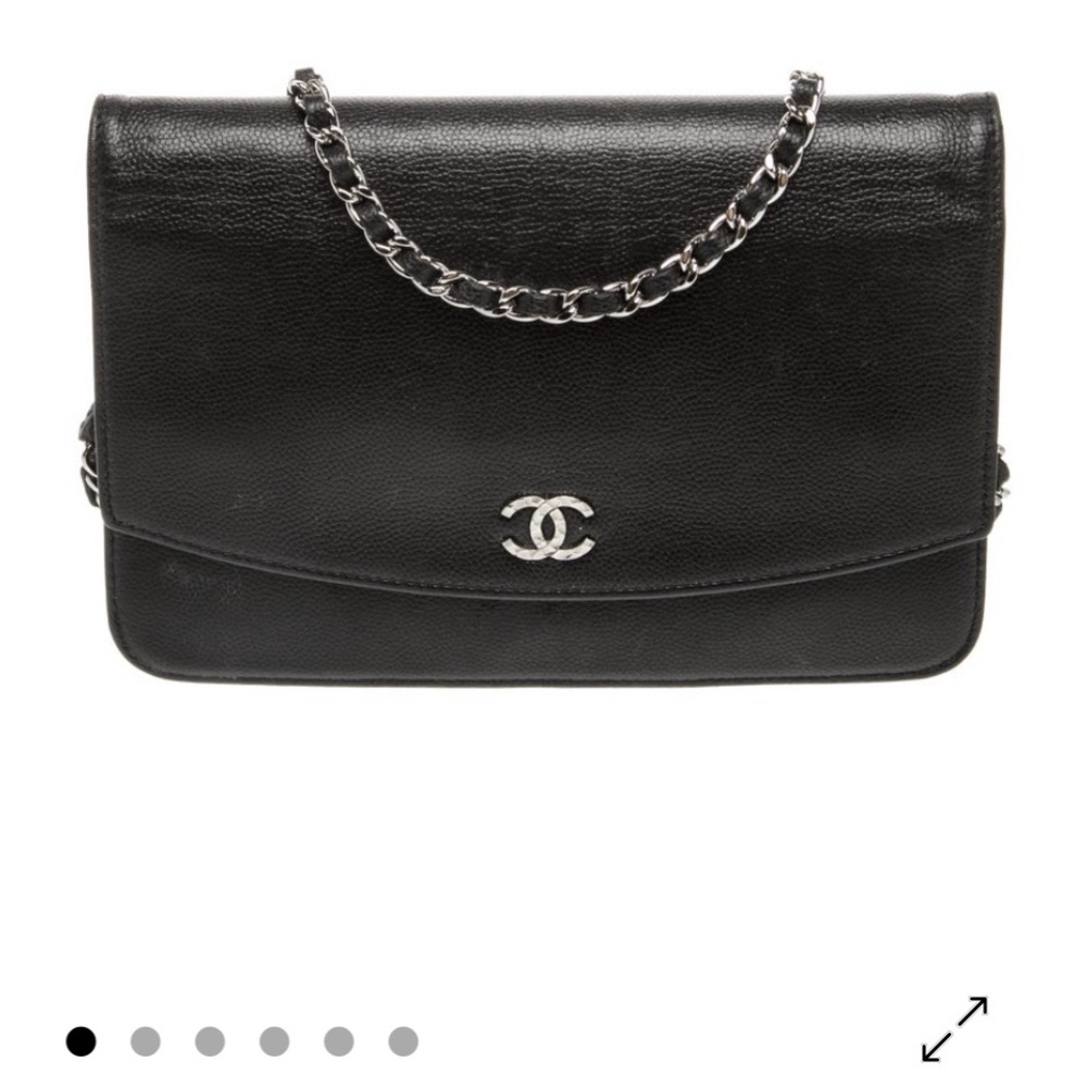 CHANEL Black Caviar Leather Wallet on  Chain Shoulder Bag with Silver Hardware